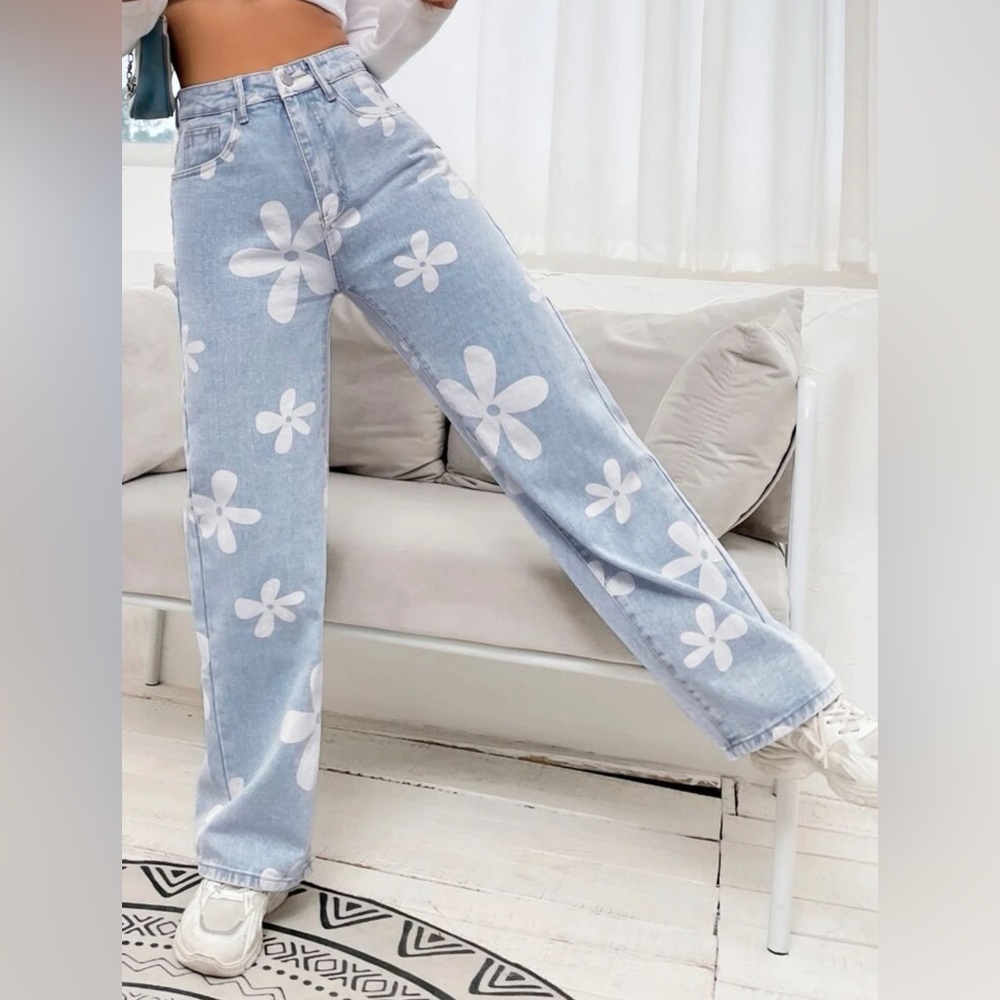 SHEIN Floral Print Straight Leg Jeans